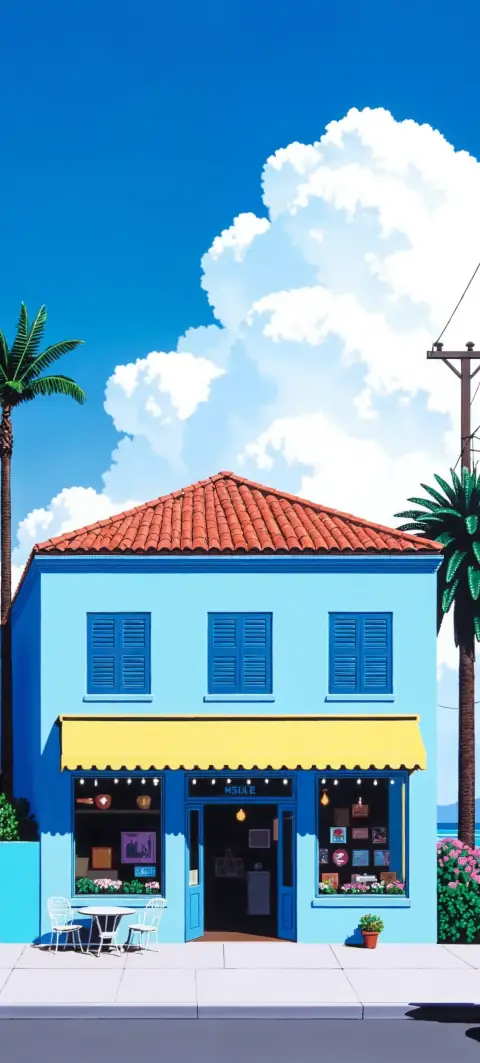 “Blue Rendezvous” wallpaper · Pastel Postcard style